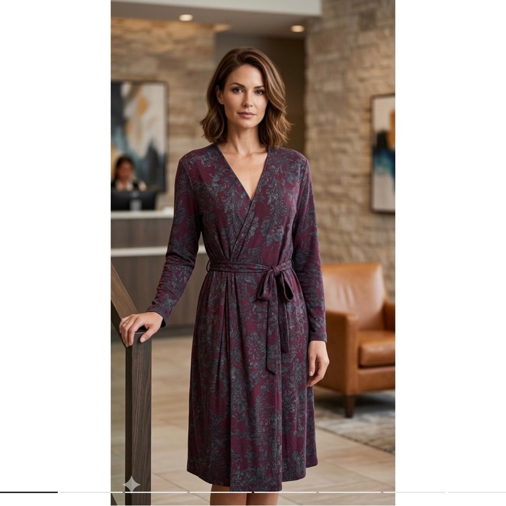 Peruvian Connection Katrina faux wrap burgundy paisley print midi dress sz m